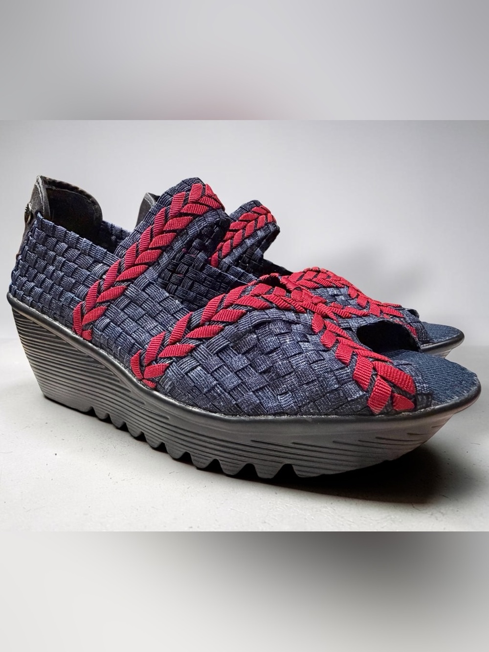 Bernie Mev Halle EU38 Woven Comfort Wedge Sandals Denim Blue Red Braided - Picture 5 of 12